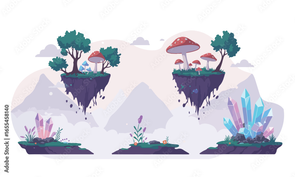 Naklejka premium Illustration Of Twin Floating Mushroom Islands With Crystals, Suitable For Adventure Game Backgrounds Or Animation Scenes
