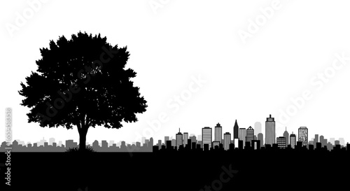 silhouette of a single tree against a city skyline nature meets urbanization ideal for environmental sustainability and cityscape designs