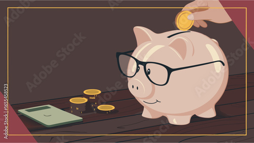 Cartoon Piggy Bank with Glasses Receiving a Coin Deposit.