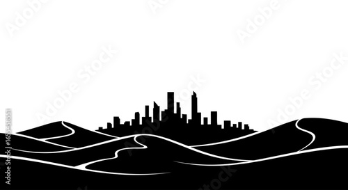 modern city skyline emerging from rolling desert dunes a striking black and white illustration for urban development environmental contrast and futuristic designs