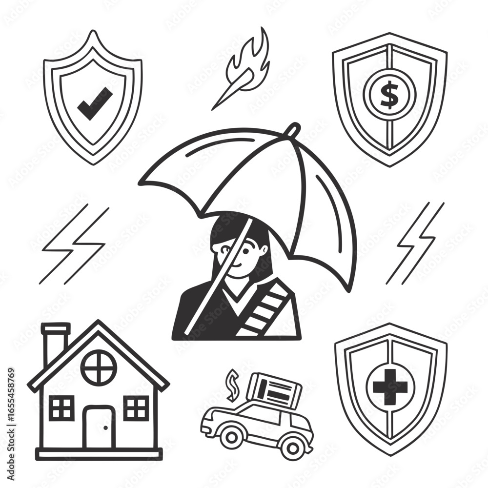 Naklejka premium Insurance concept illustration with diverse coverage symbols like home car health financial security and protection from hazards