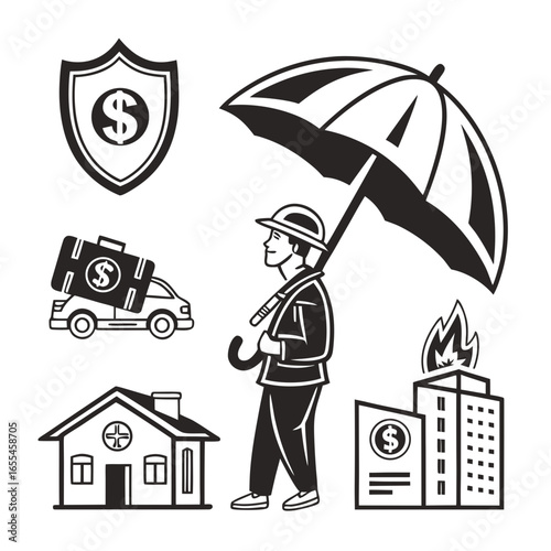Man with umbrella protecting assets like a house car and business from financial risks and disasters