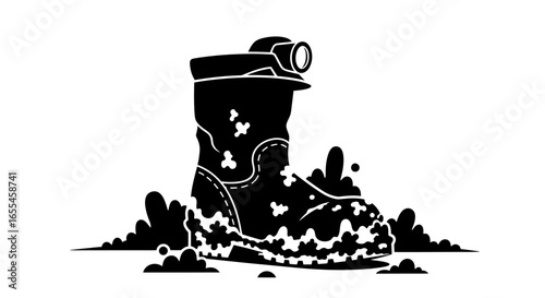 mudcovered miners boot with headlamp illustrating hard work perseverance and the mining industry