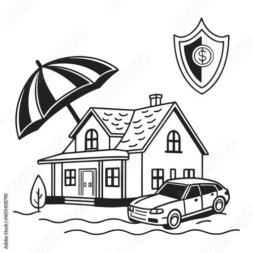 Illustration of a house and car protected by an umbrella and a shield with a dollar sign symbolizing insurance and financial security