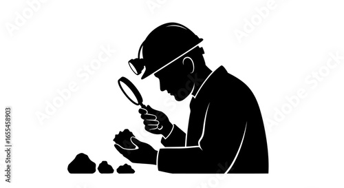 geologist inspecting ore sample with magnifying glass highresolution silhouette for mining geology and scientific research websites and publications