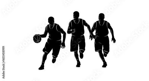dynamic basketball players in action silhouettes for sports websites team branding and athletic apparel designs