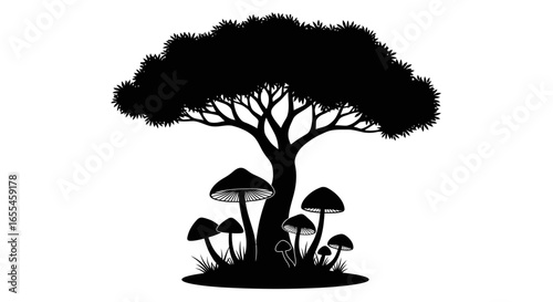 elegant silhouette of a tree and mushrooms perfect for ecofriendly natureinspired designs book illustrations and magical forest themed projects