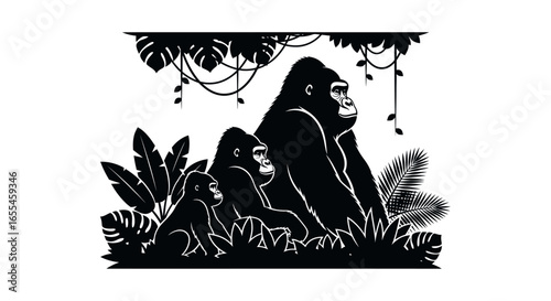 gorilla family silhouette elegant black and white jungle artwork for print decor and conservation projects