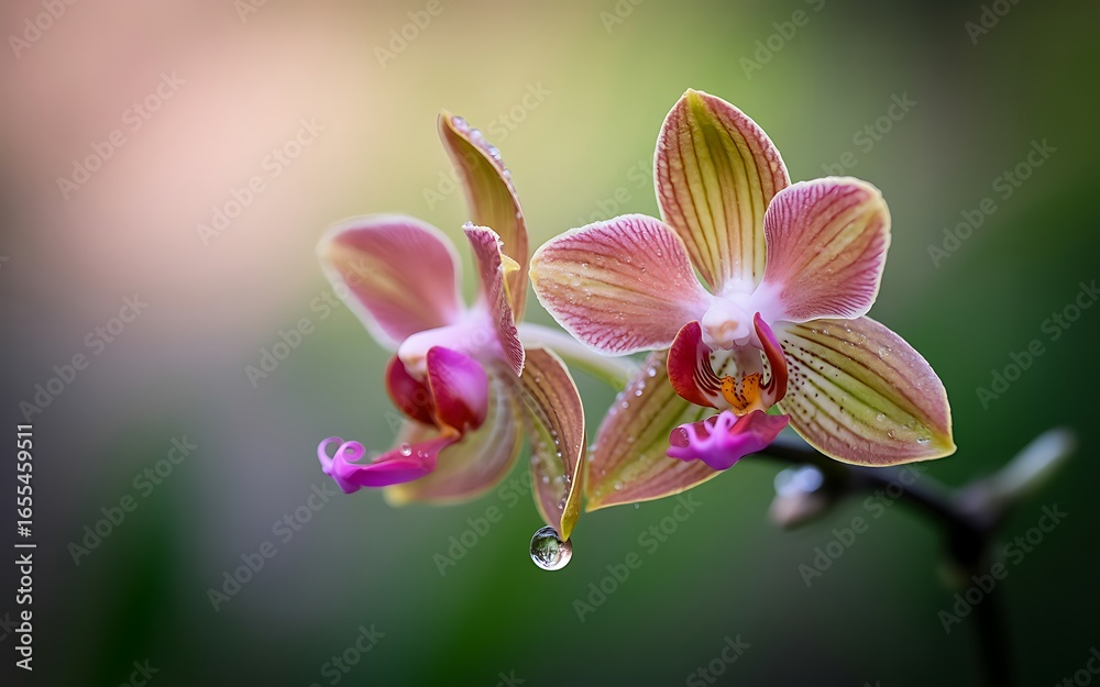 Fototapeta premium Close up of two pink and yellow orchids