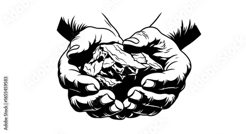 powerful hands protecting precious raw material black and white illustration for mining geology or environmental conservation projects