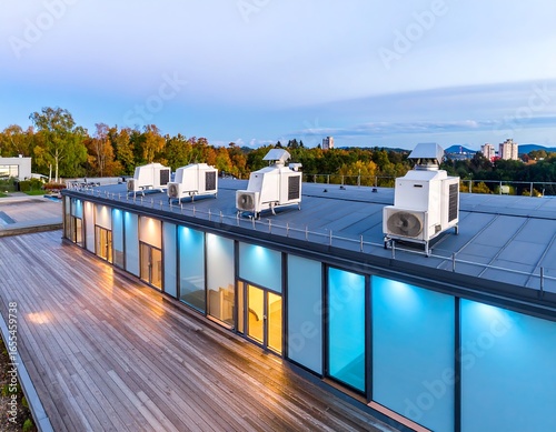 Modern building rooftop with HVAC units, illuminated windows, and a wooden deck overlooking a city skyline at dusk