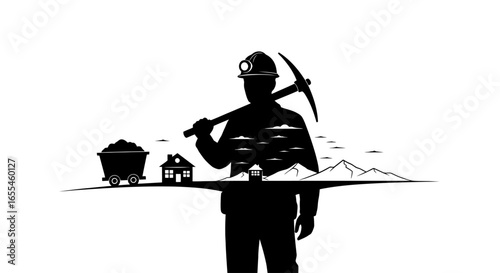strong miner silhouette hard work resource extraction and building a home powerful image for mining industry and construction
