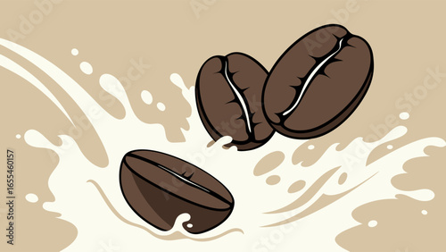 Coffee Beans Falling Through Milk Splash.