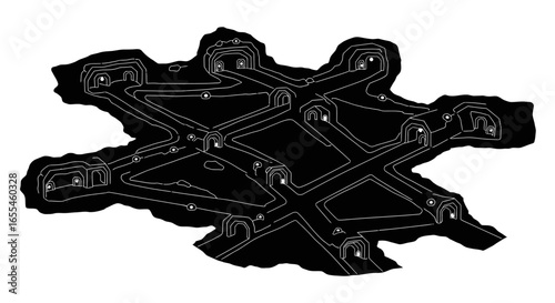 underground labyrinth map illustrative black and white design for games books or websites needing a mysterious complex and intriguing network of tunnels and chambers