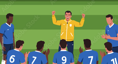 Cheerful Soccer Coach Celebrating Victory with Team.