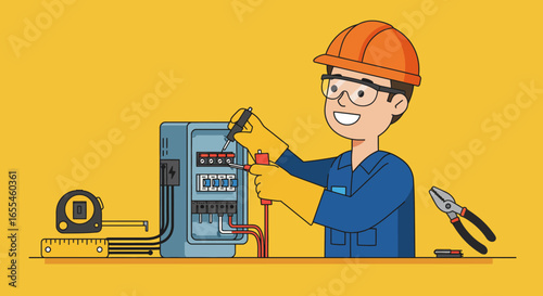 Cartoon Electrician Working on Electrical Panel with Tools.