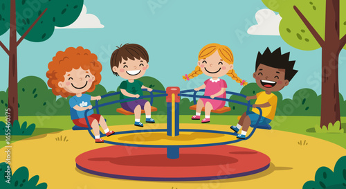 Cheerful Children Enjoying a Merry-Go-Round at Playground.