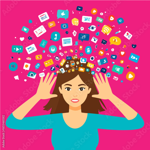 Woman with hands on her head surrounded by social media icons, stressed by information overload, digital media pressure and communication, isolated on pink background.