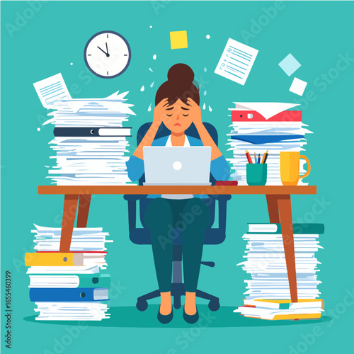 Woman with head in hands sitting at a desk with stacks of paperwork, using a laptop, feeling stressed and overworked with a clock showing a deadline approaching.