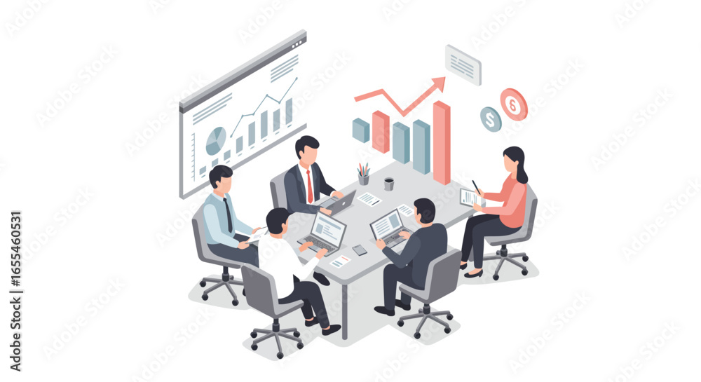 Fototapeta premium Business Team Meeting Around a Table Isometric View.