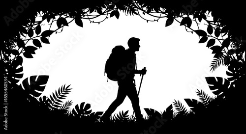 silhouette of hiker trekking through lush jungle foliage adventure exploration and travel concept for websites blogs and social media