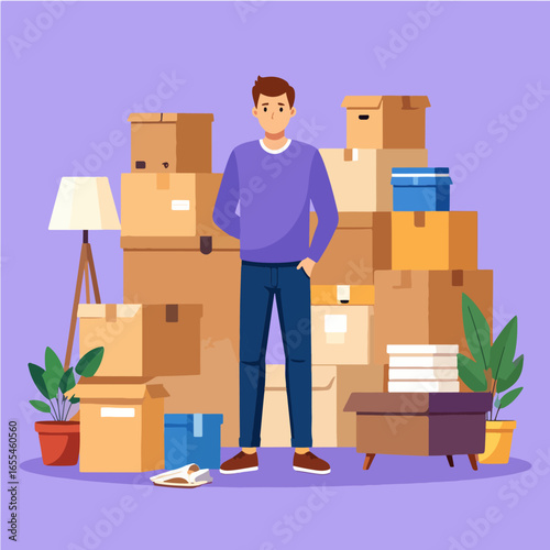 Man standing proudly by a large stack of moving boxes, with houseplants, a lamp, and furniture on a purple background.