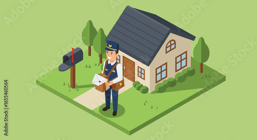 Smiling Mailman Delivering Mail to House Isometric View.