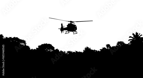 helicopter silhouette approaching lush jungle perfect for action adventure rescue or military projects