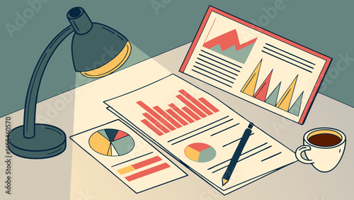 Colorful Business Reports and a Lamp on a Desk.
