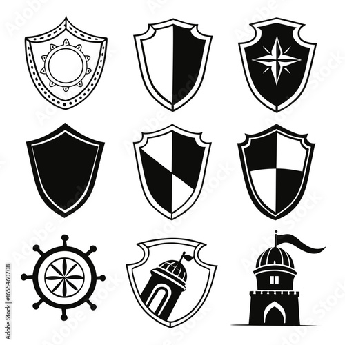 Collection of nine black and white shield emblems and nautical symbols including a compass rose and ship s wheel