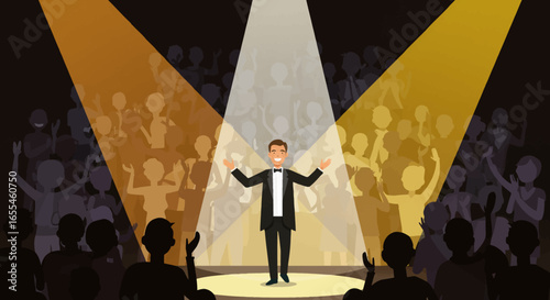 Smiling Performer in Tuxedo on Stage with Audience.