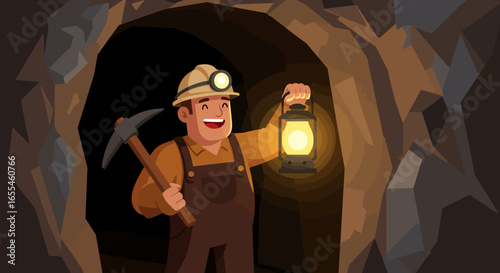 Smiling Miner Holding Lantern and Pickaxe in Mine.