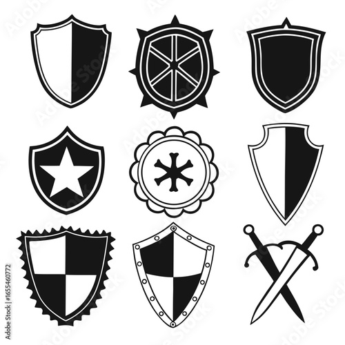 Collection of nine diverse shield and heraldic emblems including swords star and abstract designs in black and white