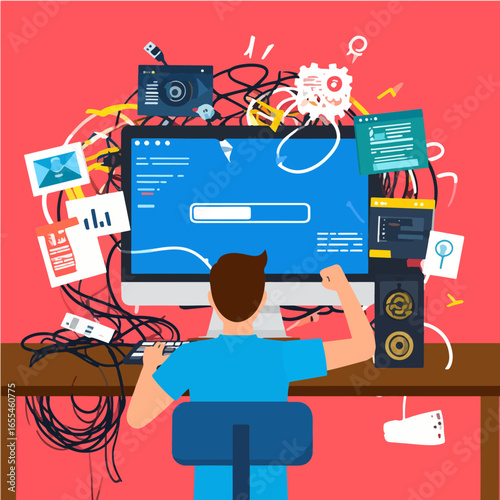 Computer and cluttered desk, with a frustrated man struggling with tangled cables, web design elements, and various tech components on a red background.