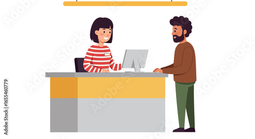 Customer Service Representative Assisting a Customer at Desk.