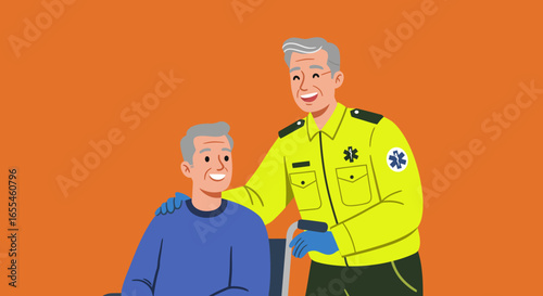 Smiling Paramedic Helping Elderly Man with Support.