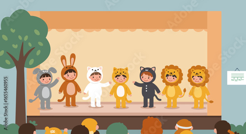 Children in Animal Costumes Performing on Stage.