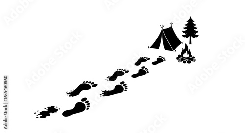 follow the footprints to a serene camping adventure black and white icon illustration of a journey to a campsite with tent fire and pine tree