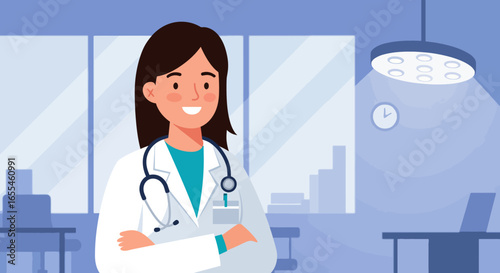 Smiling Female Doctor Wearing White Coat and Stethoscope.