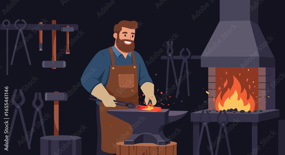 Fototapeta premium Smiling Blacksmith Working with Fire and Anvil.