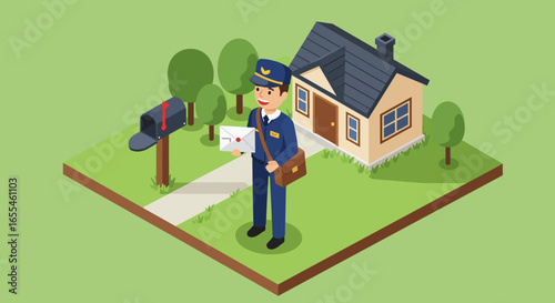 Smiling Mailman Delivering Letter Near House Illustration.