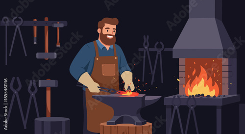 Smiling Blacksmith Working with Fire and Anvil.