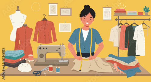 Smiling Female Tailor Measuring Fabric at Work.