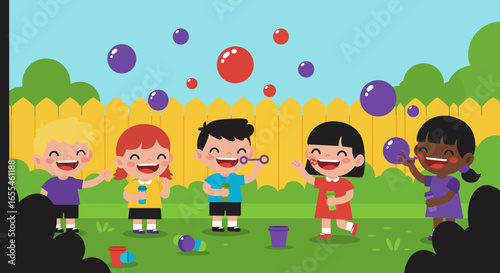 Cheerful Children Blowing Bubbles in a Garden Setting.