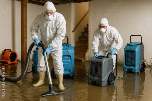 Water damage restoration team extracting flood water from residential basement using professional equipment