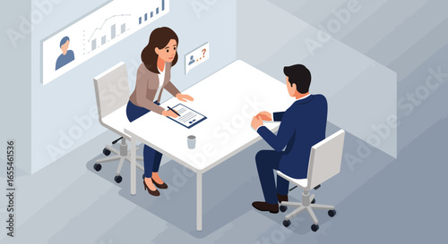 Business Interview: Woman Interviewing Man at Table.