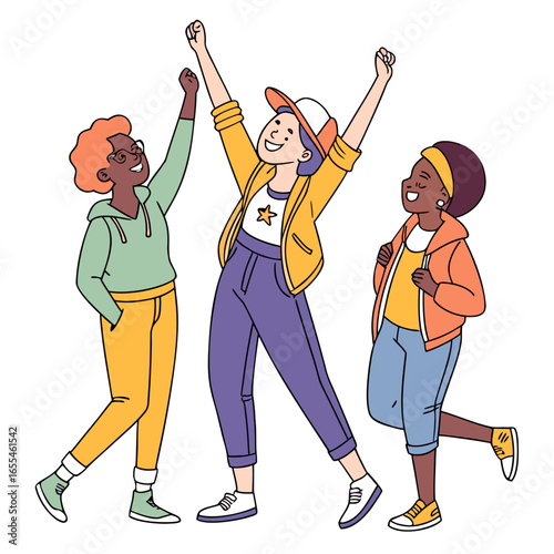 Three diverse young women celebrating together with raised arms and high fives in a vibrant stylized illustration