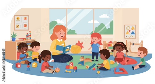 Teacher Reading Storybook to Children in Classroom.