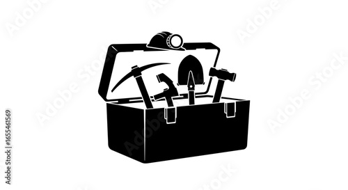 mining tools and hard hat in toolbox safety industry and resource extraction icon