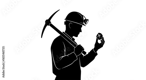 miner inspecting precious gemstone black and white silhouette illustration for mining geology and resource extraction industries